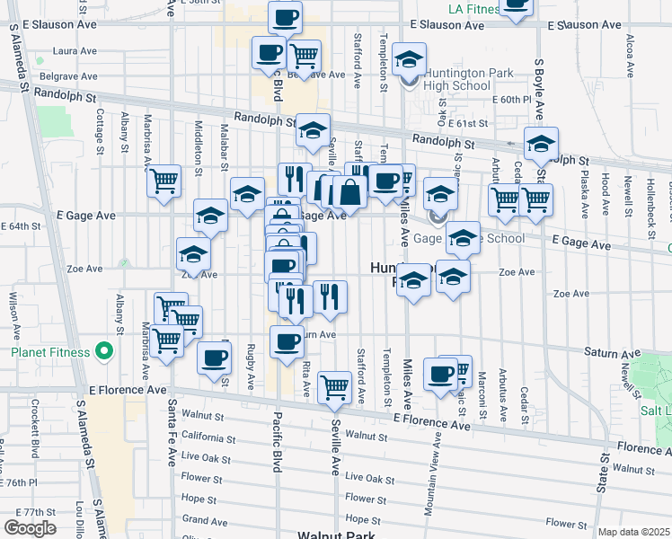 map of restaurants, bars, coffee shops, grocery stores, and more near 6538 Seville Avenue in Huntington Park