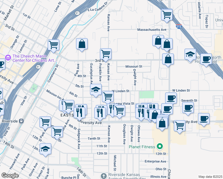 map of restaurants, bars, coffee shops, grocery stores, and more near 3490 Kansas Avenue in Riverside