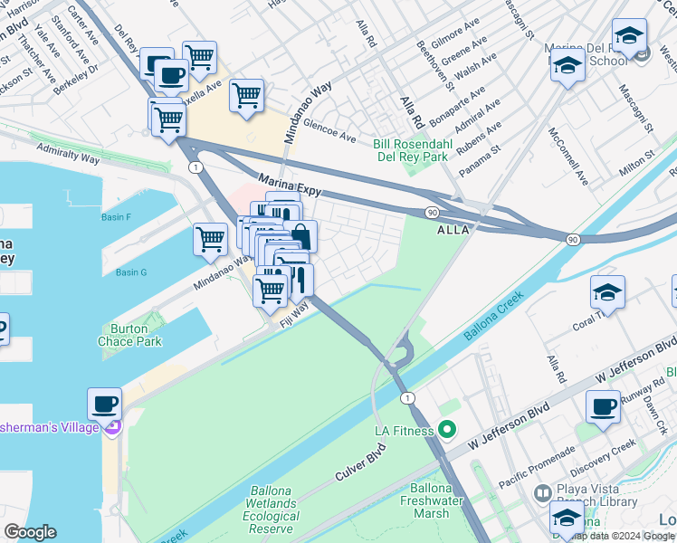 map of restaurants, bars, coffee shops, grocery stores, and more near 13249 Fiji Way in Marina del Rey