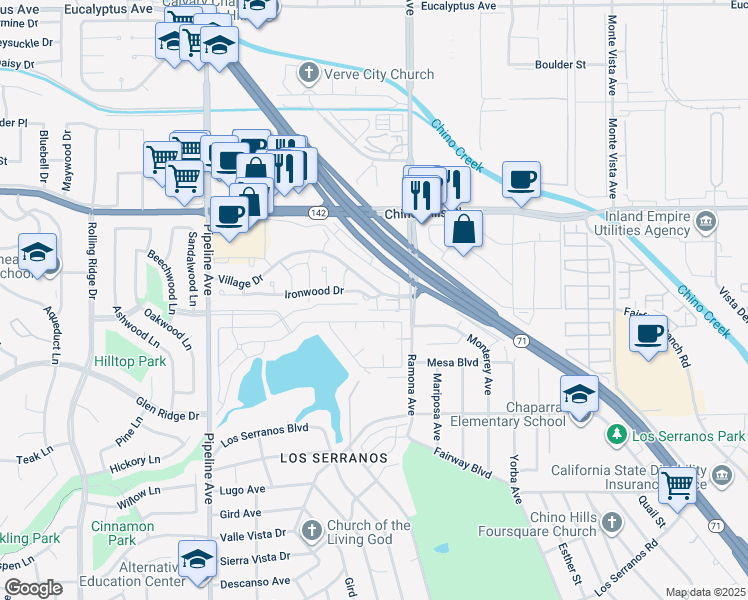 map of restaurants, bars, coffee shops, grocery stores, and more near 4431 Ironwood Drive in Chino Hills