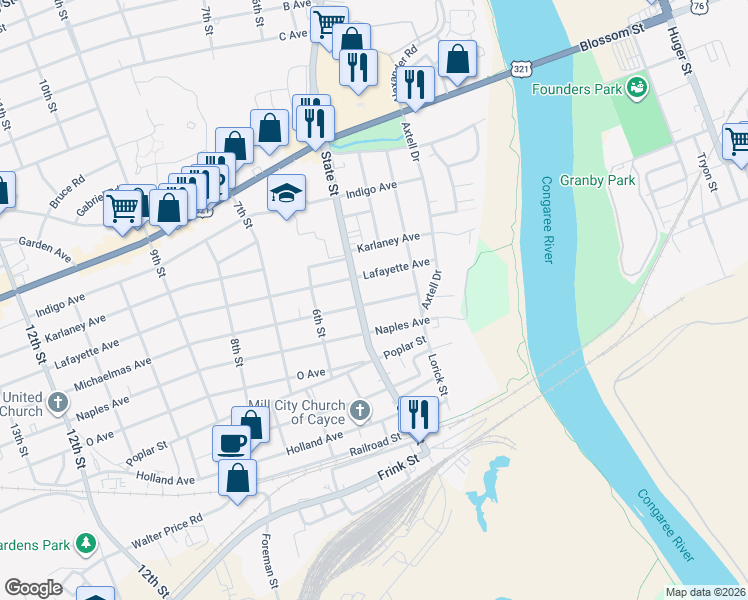 map of restaurants, bars, coffee shops, grocery stores, and more near 414 M Avenue in Cayce
