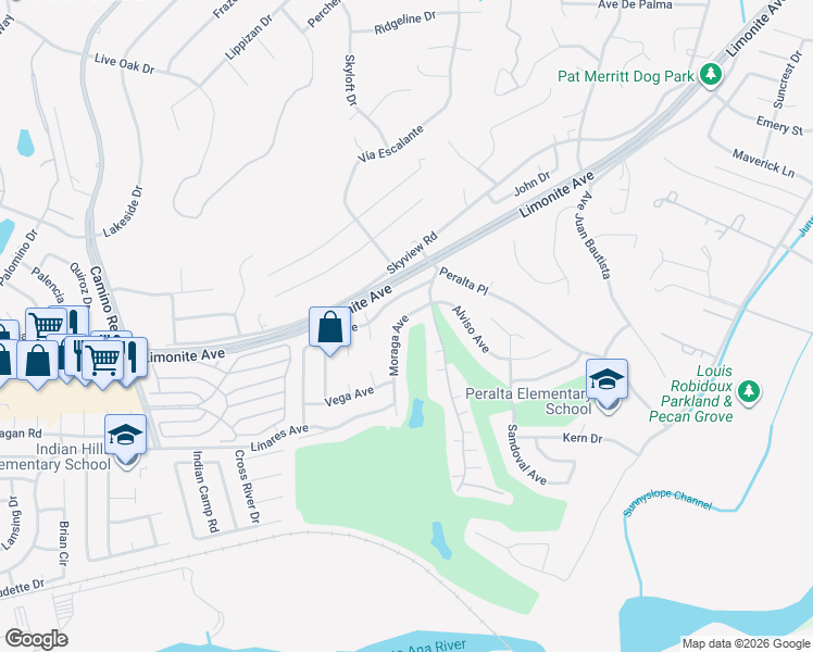 map of restaurants, bars, coffee shops, grocery stores, and more near 6029 Moraga Avenue in Riverside