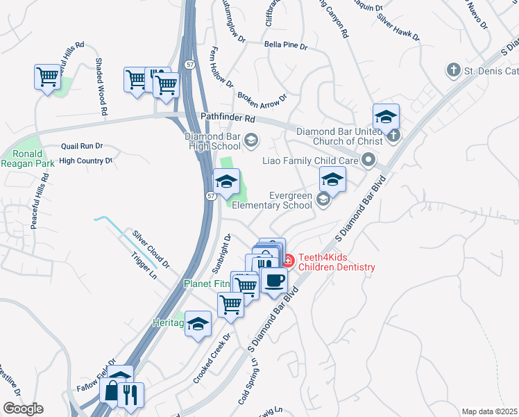 map of restaurants, bars, coffee shops, grocery stores, and more near 2523 Sunbright Drive in Diamond Bar