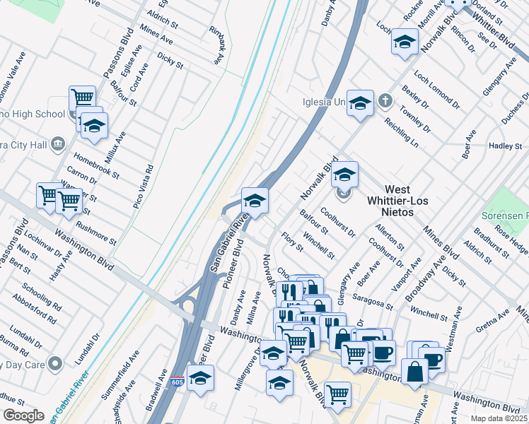 map of restaurants, bars, coffee shops, grocery stores, and more near 7351 Norwalk Boulevard in Whittier