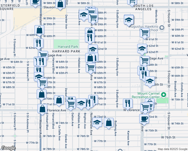 map of restaurants, bars, coffee shops, grocery stores, and more near 6559 Normandie Avenue in Los Angeles