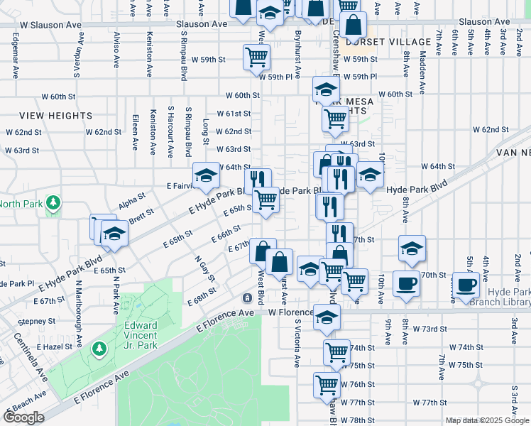 map of restaurants, bars, coffee shops, grocery stores, and more near 6558 West Boulevard in Los Angeles