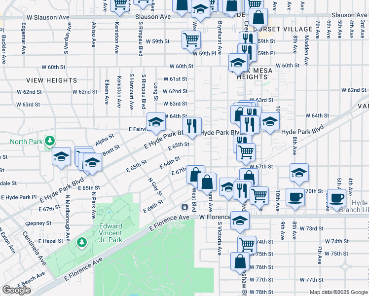 map of restaurants, bars, coffee shops, grocery stores, and more near 1132 East 65th Street in Inglewood