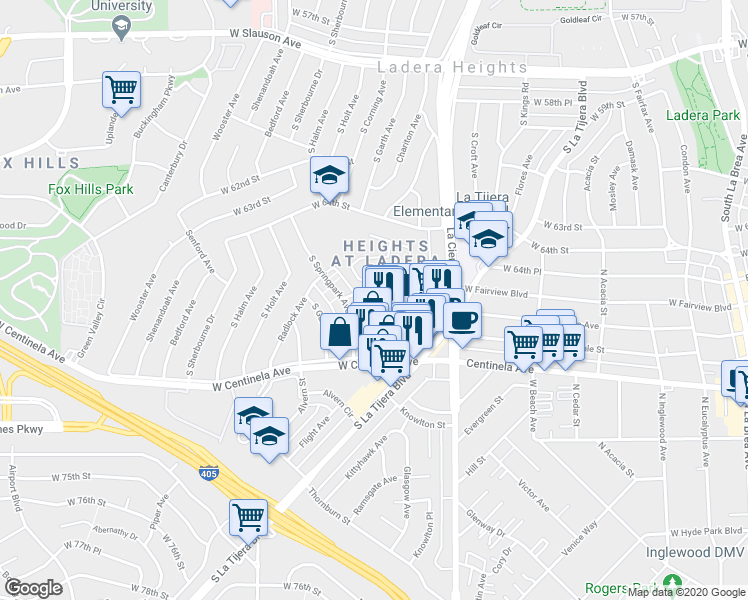 map of restaurants, bars, coffee shops, grocery stores, and more near 5364 Fairview Boulevard in Los Angeles