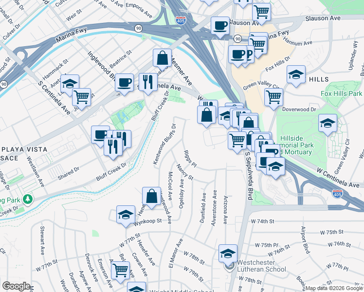 map of restaurants, bars, coffee shops, grocery stores, and more near 6443 Riggs Place in Los Angeles