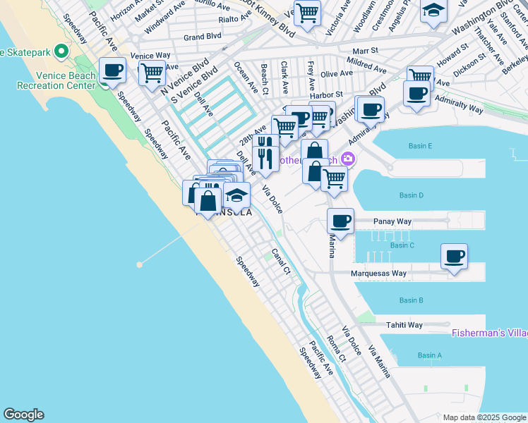 map of restaurants, bars, coffee shops, grocery stores, and more near 3405 Via Dolce in Marina del Rey
