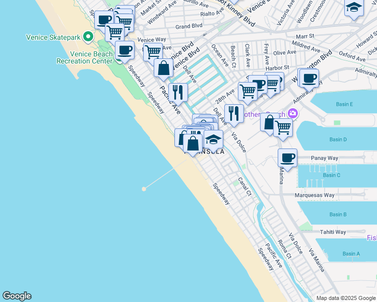 map of restaurants, bars, coffee shops, grocery stores, and more near 3007 Ocean Front Walk in Los Angeles