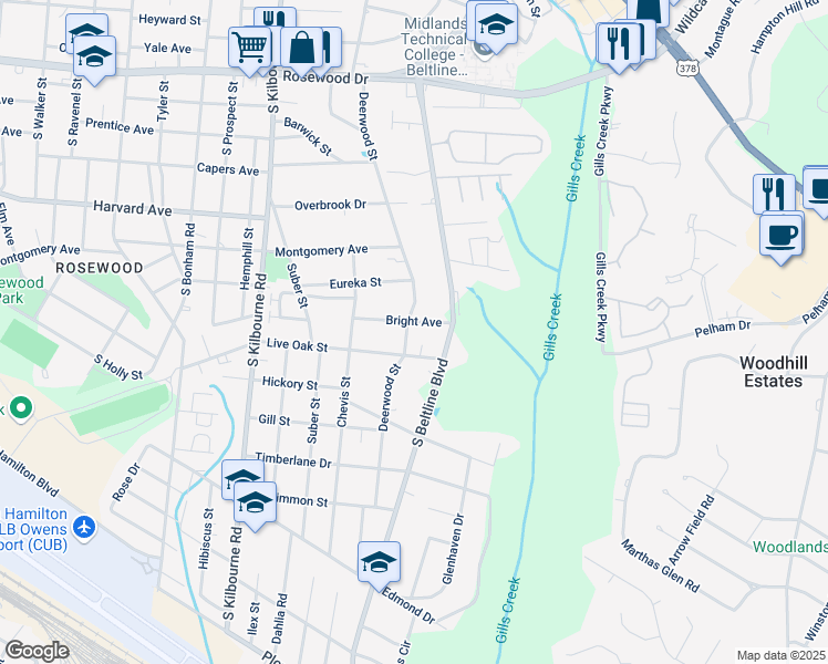 map of restaurants, bars, coffee shops, grocery stores, and more near 801 Deerwood Street in Columbia