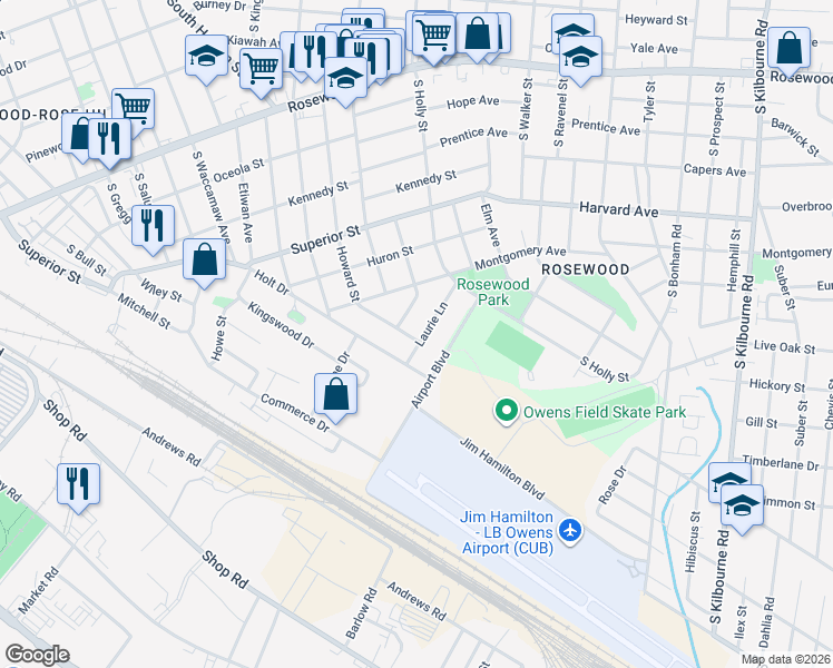 map of restaurants, bars, coffee shops, grocery stores, and more near 948 Laurie Lane in Columbia