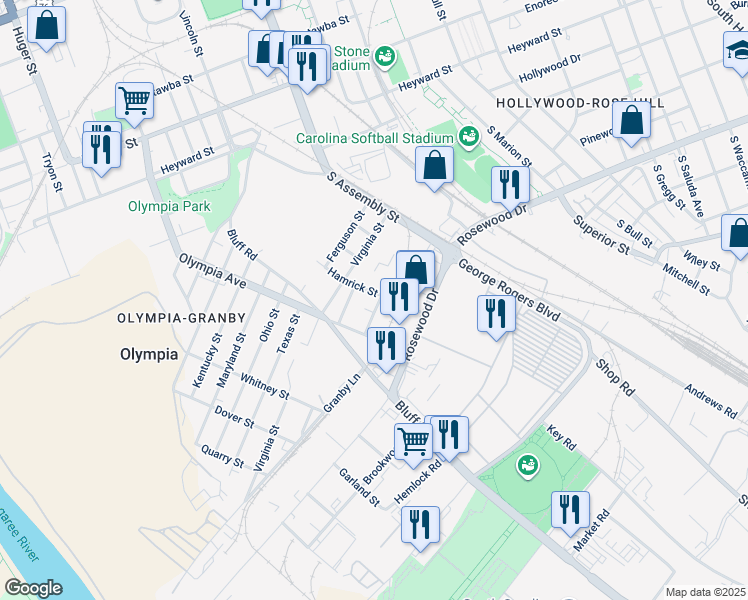 map of restaurants, bars, coffee shops, grocery stores, and more near 1231 Hamrick Avenue in Columbia