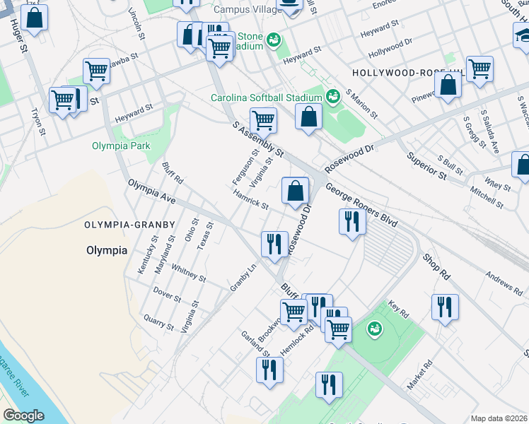 map of restaurants, bars, coffee shops, grocery stores, and more near 1231 Hamrick Avenue in Columbia