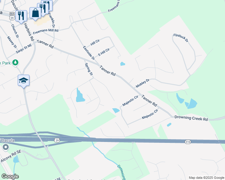 map of restaurants, bars, coffee shops, grocery stores, and more near 700 Hill Meadow Drive in Dacula