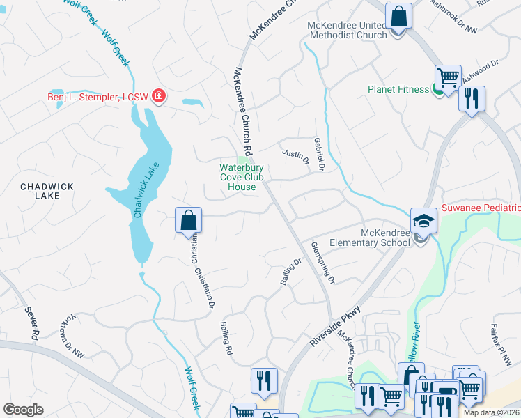 map of restaurants, bars, coffee shops, grocery stores, and more near 900 McKendree Park Lane in Lawrenceville
