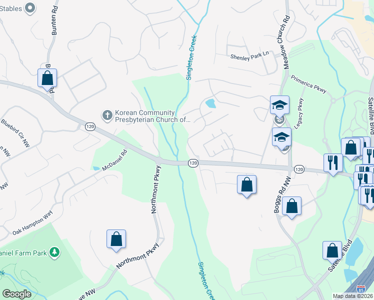 map of restaurants, bars, coffee shops, grocery stores, and more near 2807 Staunton Drive in Duluth