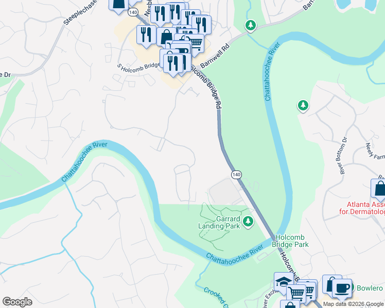 map of restaurants, bars, coffee shops, grocery stores, and more near 3146 East Addison Drive in Alpharetta