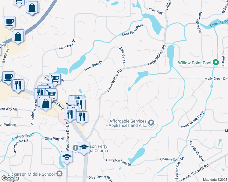 map of restaurants, bars, coffee shops, grocery stores, and more near 1272 Little Willeo Road in Marietta