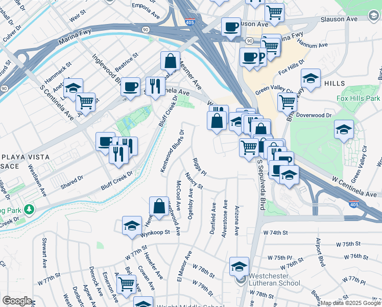 map of restaurants, bars, coffee shops, grocery stores, and more near 6443 Riggs Place in Los Angeles