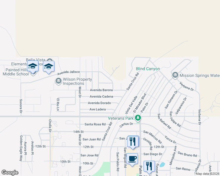 map of restaurants, bars, coffee shops, grocery stores, and more near 66252 Avenida Barona in Desert Hot Springs