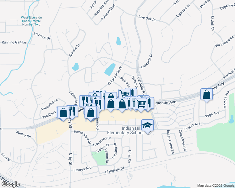 map of restaurants, bars, coffee shops, grocery stores, and more near 5982 Nina Court in Riverside