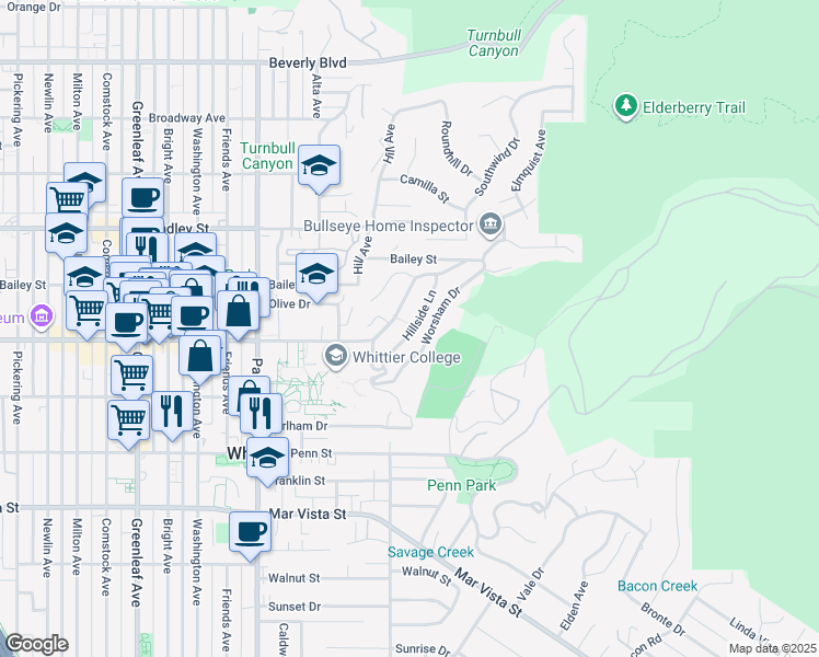 map of restaurants, bars, coffee shops, grocery stores, and more near 6769 Hillside Lane in Whittier