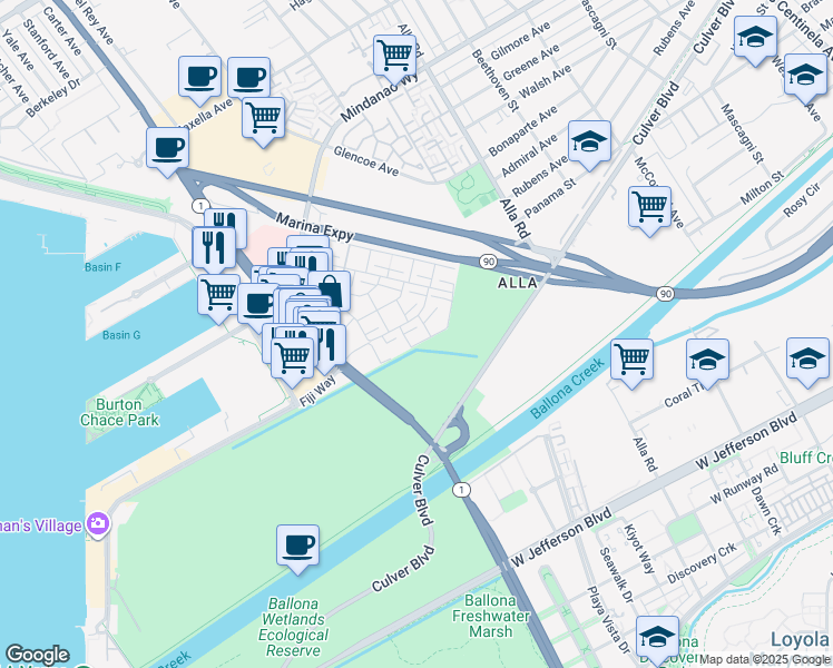 map of restaurants, bars, coffee shops, grocery stores, and more near 13228 Fiji Way in Marina del Rey
