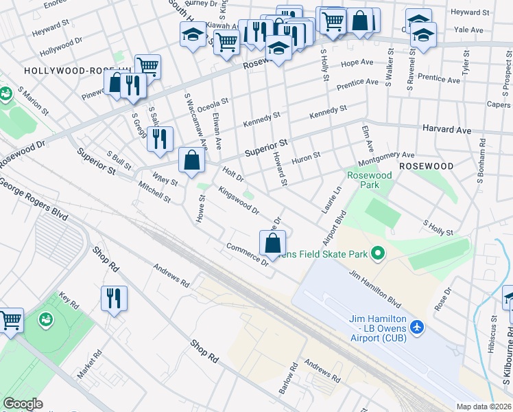 map of restaurants, bars, coffee shops, grocery stores, and more near 2703 Kingswood Drive in Columbia