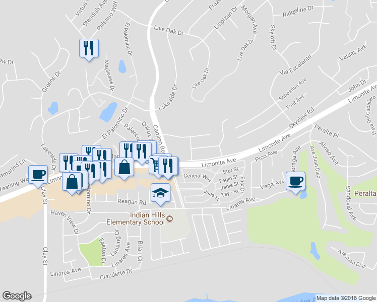 map of restaurants, bars, coffee shops, grocery stores, and more near 5991 Helmcrest Drive in Riverside