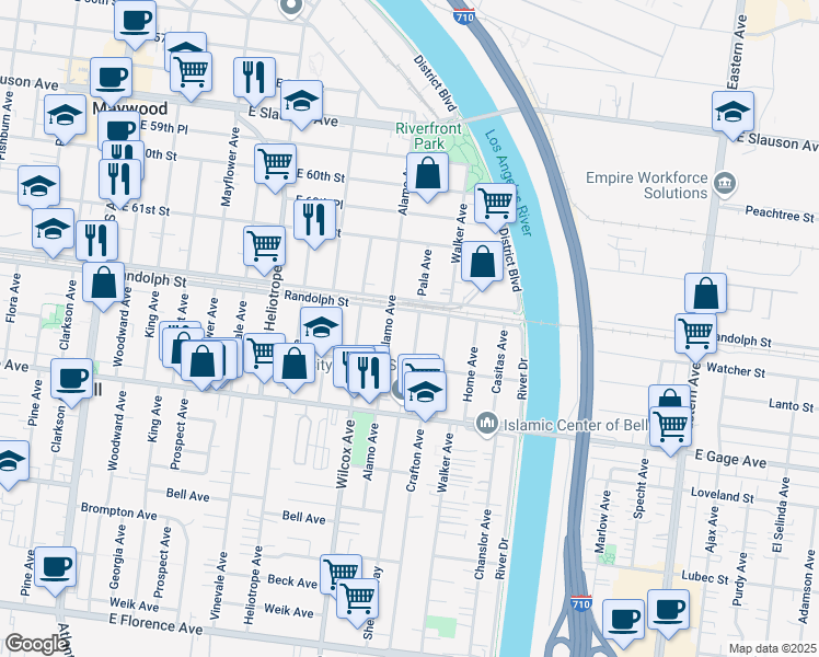 map of restaurants, bars, coffee shops, grocery stores, and more near 6217 Pala Ave in Bell
