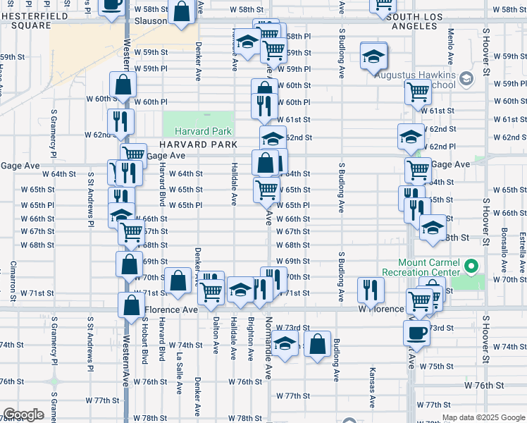 map of restaurants, bars, coffee shops, grocery stores, and more near 6559 Normandie Avenue in Los Angeles