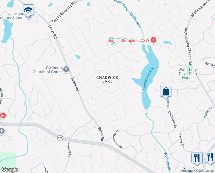 map of restaurants, bars, coffee shops, grocery stores, and more near 1261 Chadwick Point Drive Northwest in Lawrenceville