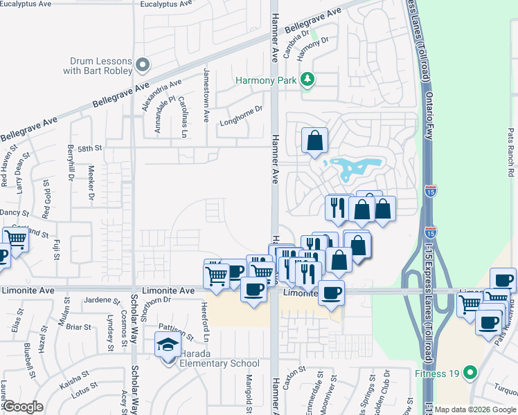 map of restaurants, bars, coffee shops, grocery stores, and more near 6001-6199 Hamner Avenue in Corona