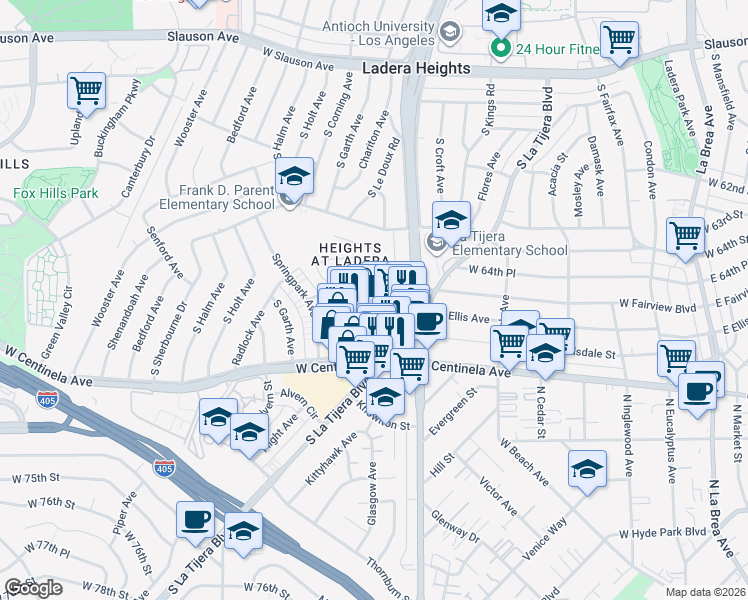 map of restaurants, bars, coffee shops, grocery stores, and more near 5300 Fairview Boulevard in Los Angeles