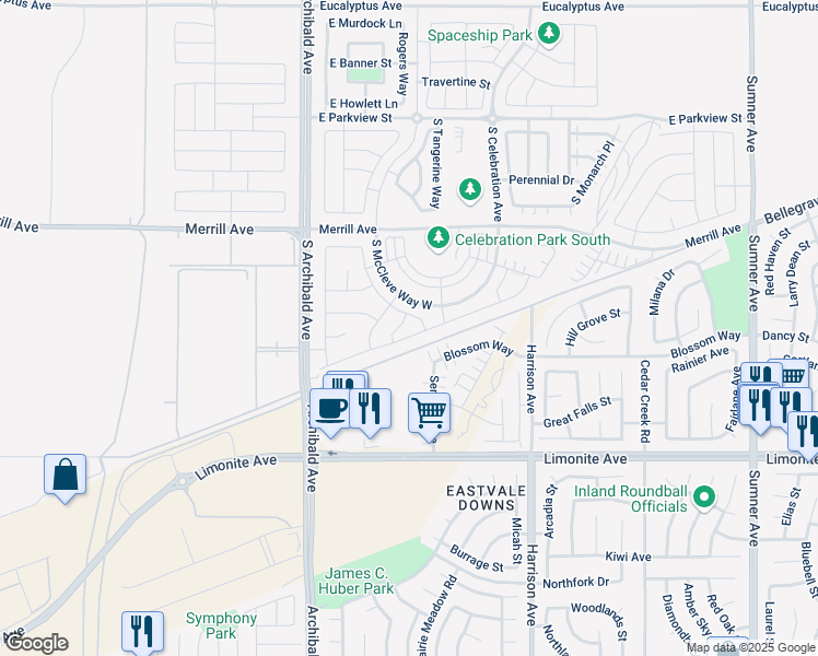 map of restaurants, bars, coffee shops, grocery stores, and more near 5121 Cottage Garden Way in Ontario