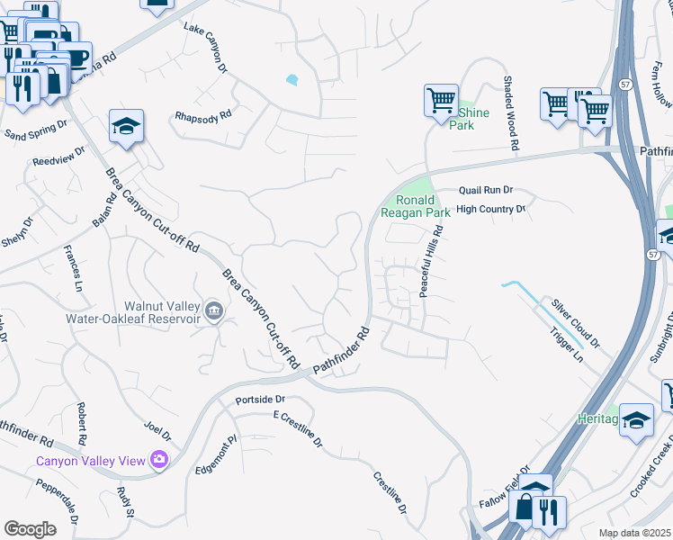 map of restaurants, bars, coffee shops, grocery stores, and more near 2403 Pointer Drive in Walnut