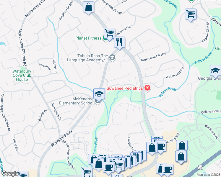 map of restaurants, bars, coffee shops, grocery stores, and more near 670 Oxford Crest Court Northwest in Lawrenceville