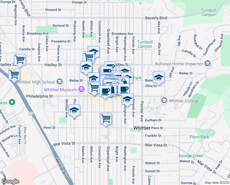 map of restaurants, bars, coffee shops, grocery stores, and more near 6745 Bright Avenue in Whittier