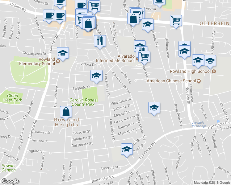 map of restaurants, bars, coffee shops, grocery stores, and more near 18626 Galatina Street in Rowland Heights