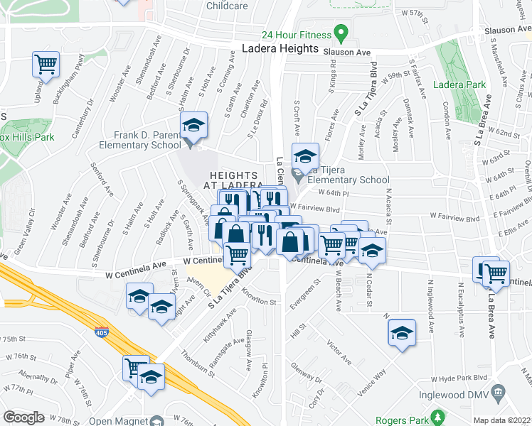 map of restaurants, bars, coffee shops, grocery stores, and more near 6611 La Cienega Westway Street in Los Angeles