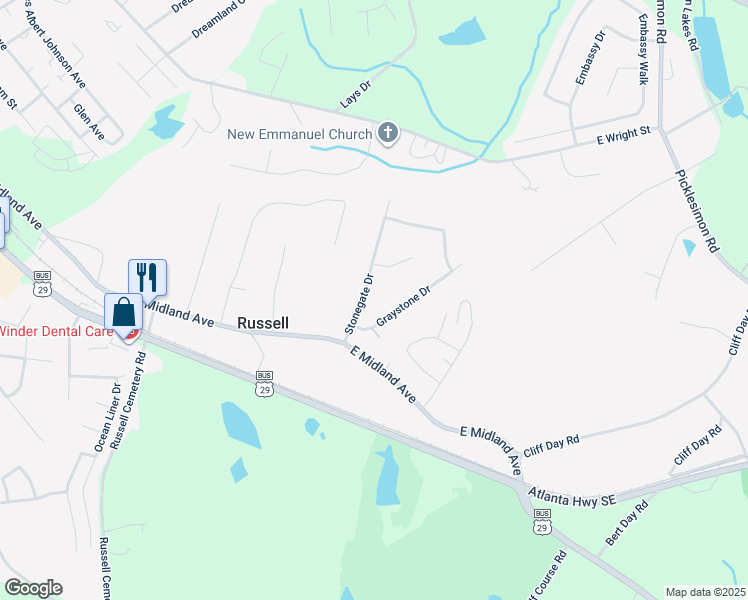 map of restaurants, bars, coffee shops, grocery stores, and more near 311 Stonegate Drive in Winder