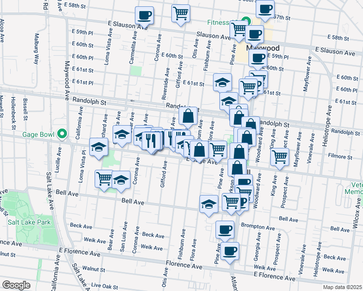 map of restaurants, bars, coffee shops, grocery stores, and more near 6317 Otis Avenue in Bell