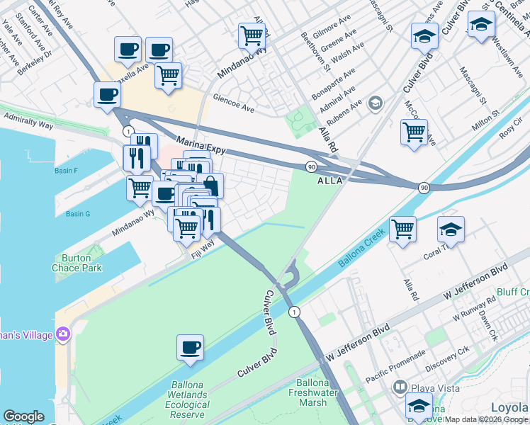 map of restaurants, bars, coffee shops, grocery stores, and more near 13232 Fiji Way in Marina del Rey
