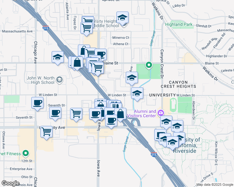 map of restaurants, bars, coffee shops, grocery stores, and more near 1179 West Linden Street in Riverside