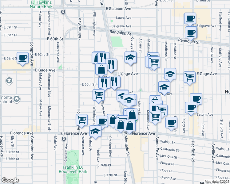 map of restaurants, bars, coffee shops, grocery stores, and more near 6611 South Alameda Street in Los Angeles