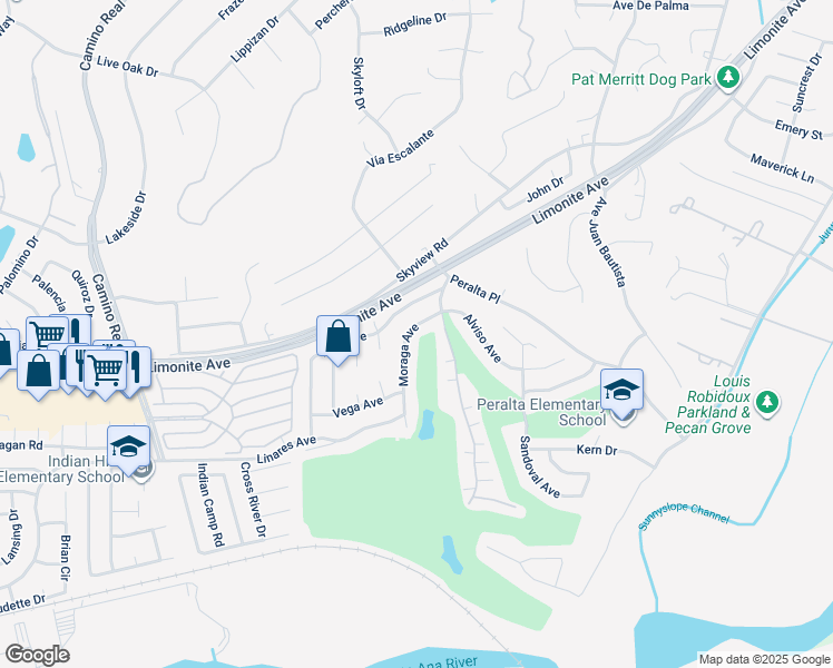 map of restaurants, bars, coffee shops, grocery stores, and more near 6026 Moraga Avenue in Riverside