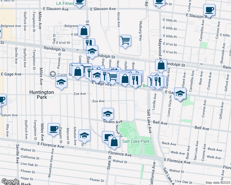 map of restaurants, bars, coffee shops, grocery stores, and more near 6427 Newell Street in Huntington Park