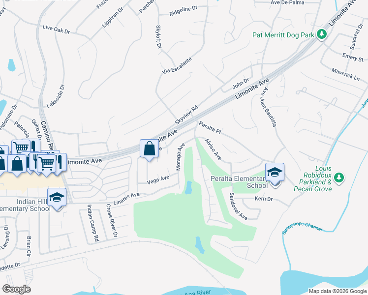map of restaurants, bars, coffee shops, grocery stores, and more near 6029 Moraga Avenue in Riverside